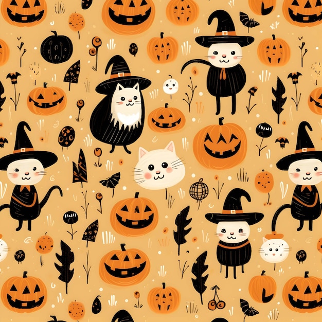 a wallpaper pattern with a cat and pumpkins
