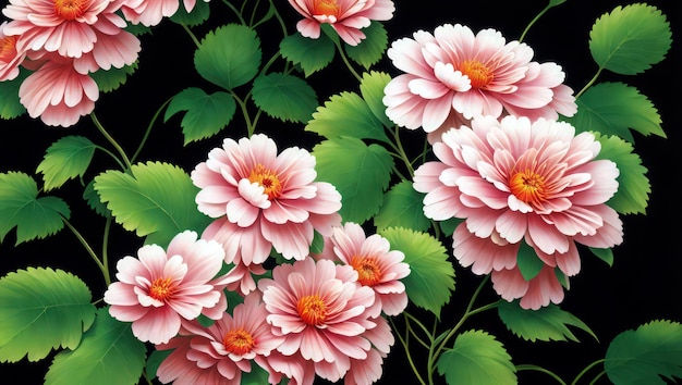 A wallpaper of pink flowers with green leaves