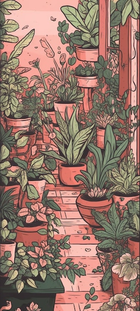 A wallpaper of plants and flowers in pots.