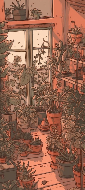 A wallpaper of plants and a window with a view of the garden.