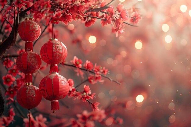 Wallpaper of the red lanterns hanging on the branches of a tree