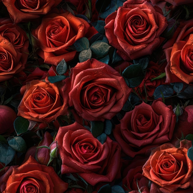 A wallpaper of red roses with leaves and the words " love " on it.