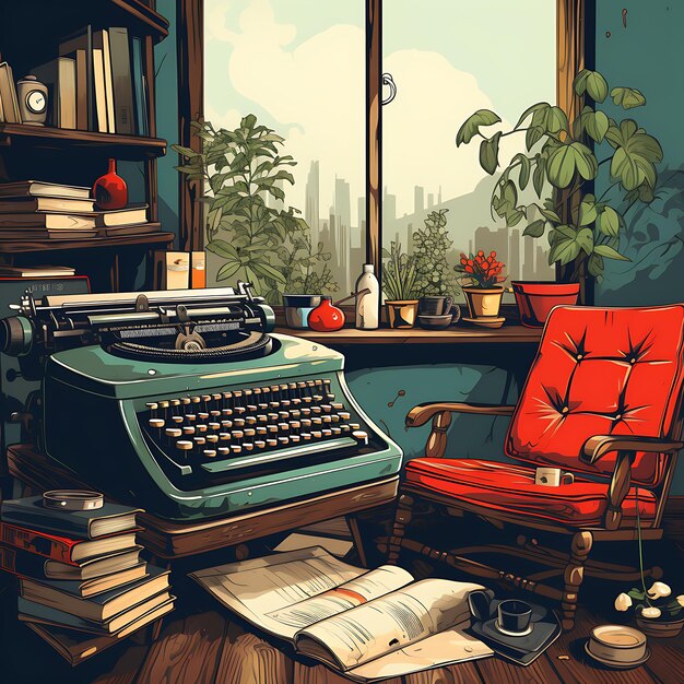 Photo wallpaper of retro office wallpaper with vintage pattern retro chair rota content creator concept