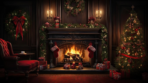 벽지 풍경은 벽난로와 크리스마스 트리 불과 일부를 가진 전통적인 거실입니다.