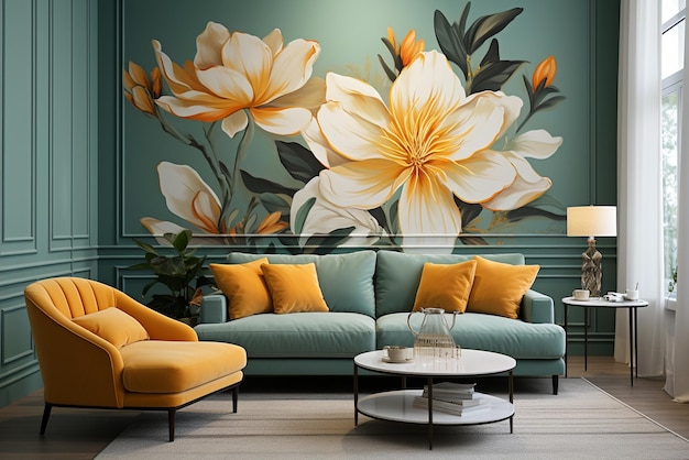 wallpaper in the style of watercolor flowers and leaves in the style of yellow and emerald