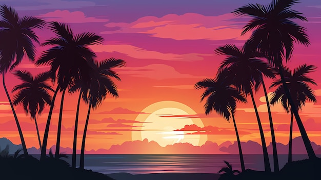 wallpaper sunset beach with palm tree retro color