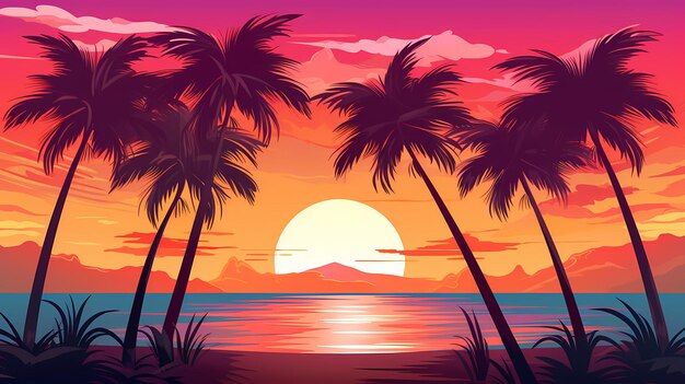 Photo wallpaper sunset beach with palm tree retro color