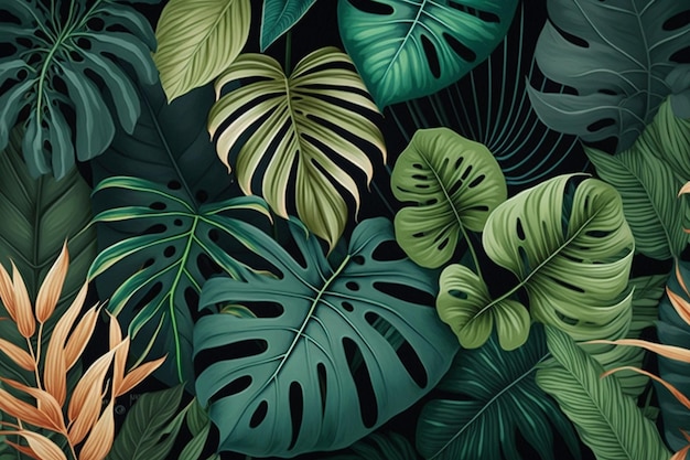 A wallpaper of tropical leaves with a blue background.