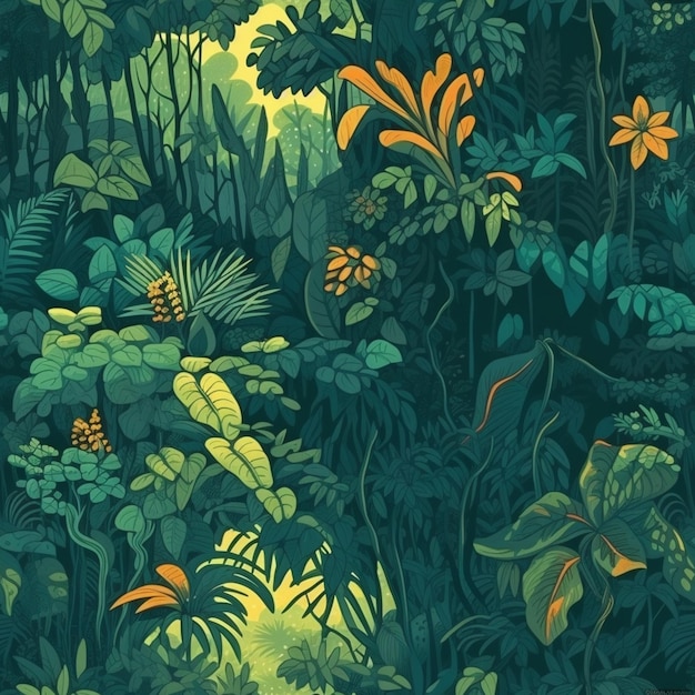 A wallpaper of tropical plants in the jungle.