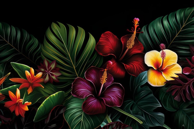 A wallpaper of tropical plants with a black background
