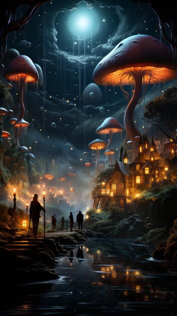 Wallpaper of Whimsical Fairies and Sprites Dancing Among Glowing Mushrooms Generative AI