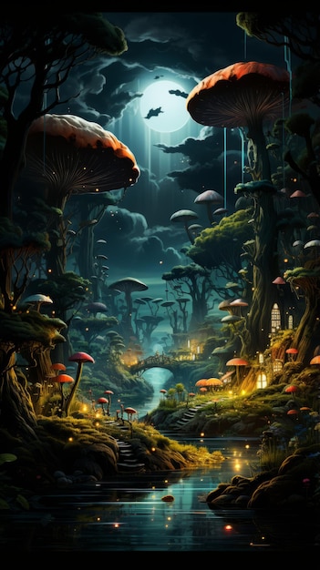 Wallpaper of Whimsical Fairytale Characters Exploring a Magical Forest Generative AI