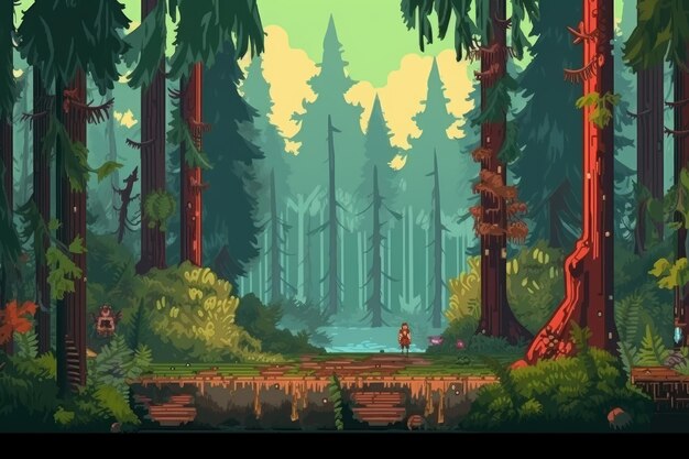 Photo wallpaper with 8bit pixel art forest arcade game scene