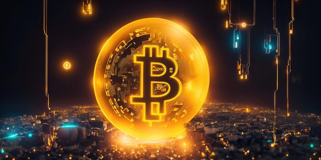 Wallpaper with abstract background and concept of digital money golden bitcoin