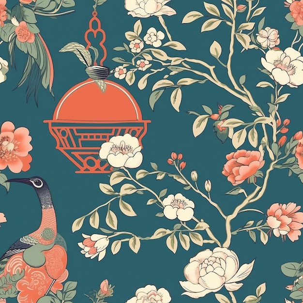 A wallpaper with a bird and a basket of flowers.