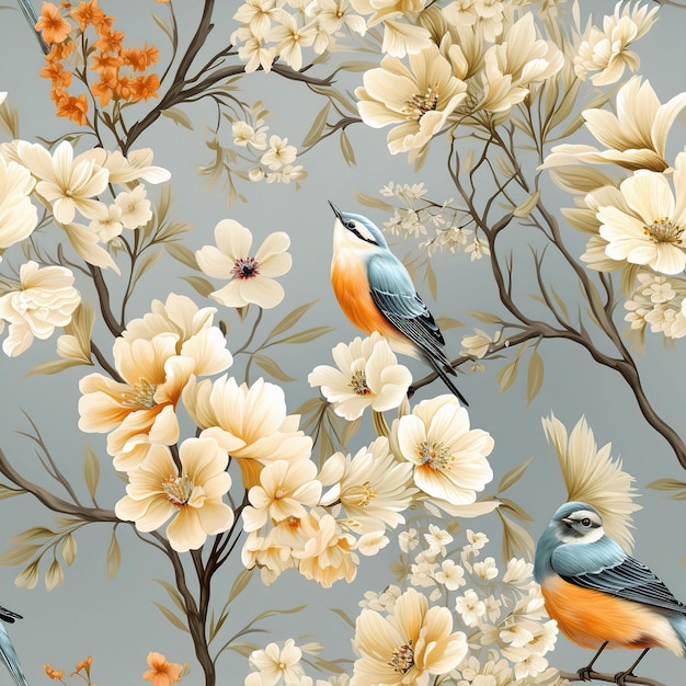 a wallpaper with birds and flowers and birds.