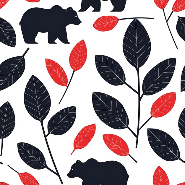 a wallpaper with black and red leaves and a bear