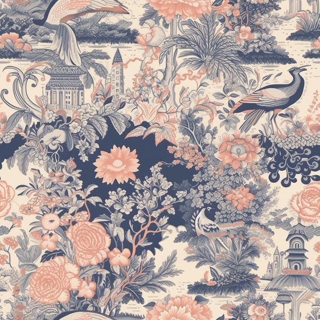 A wallpaper with a blue and pink design with a peacock on it.