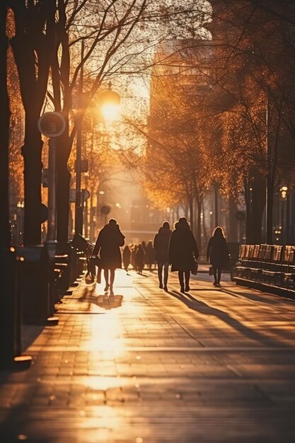 Обои с размытыми людьми, гуляющими по современному дождливому городу в лучах заходящего яркого солнца