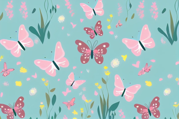 A wallpaper with butterflies and flowers on it.