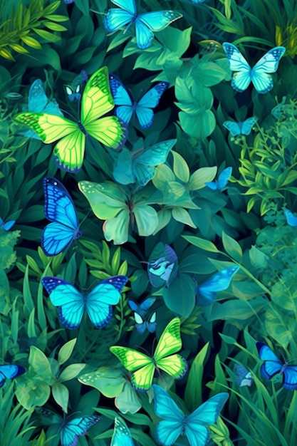 A wallpaper with butterflies and leaves on it