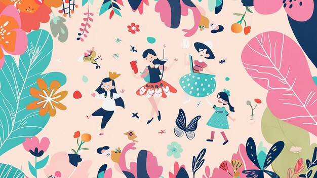 a wallpaper with a cartoon scene of a girl and butterflies