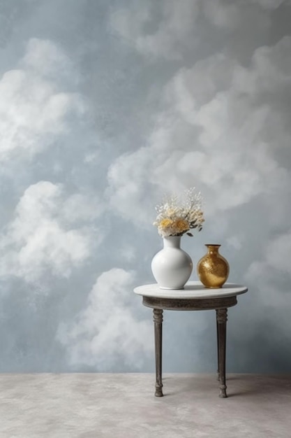 A wallpaper with clouds and flowers on it