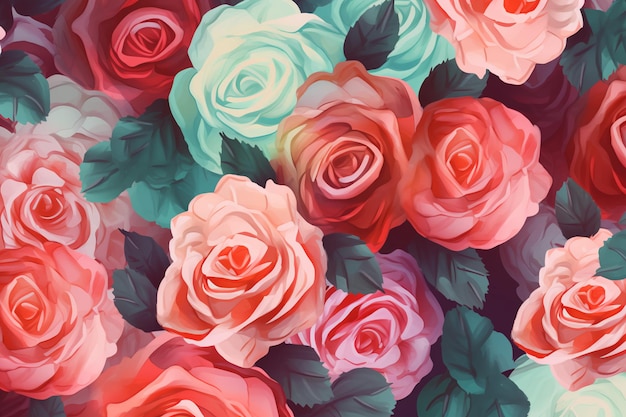 A wallpaper with a floral pattern of roses.