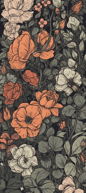 A wallpaper with a flower pattern in orange and black.