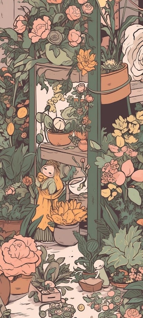 A wallpaper with a flower pot and a plant with a doll in it.