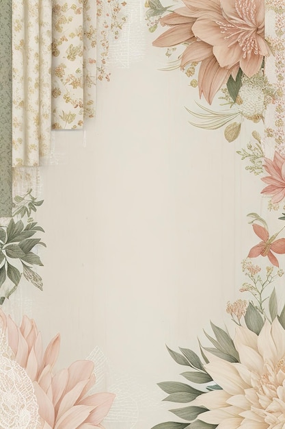 A wallpaper with flowers and a curtain