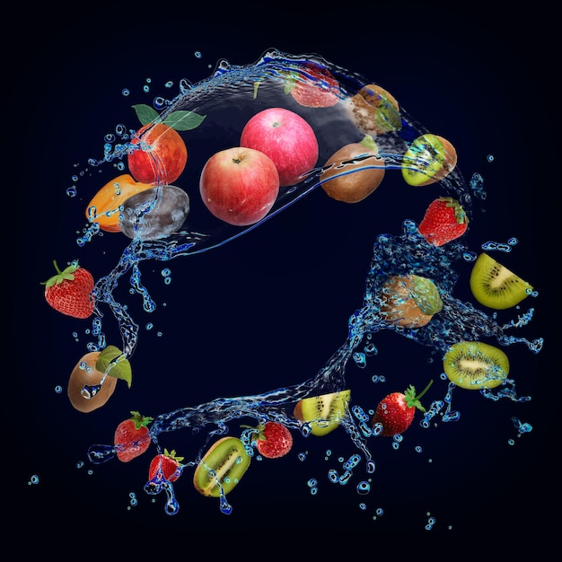 Wallpaper with fruits in water juicy apple strawberry kiwi plum persimmon peach are very healthy