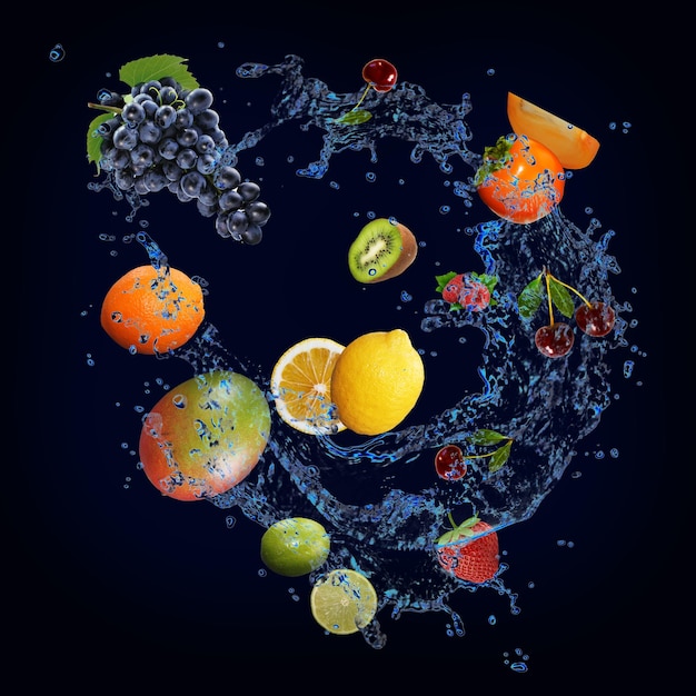 Wallpaper with fruits in water juicy grapes mango lemon kiwi strawberry lime mango sweet dessert