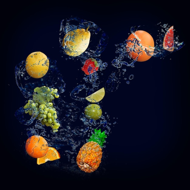 Wallpaper with fruits in water juicy pineapple pear grapes lime strawberry grapefruit orange sweet dessert