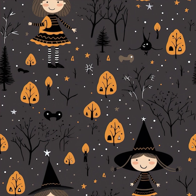 a wallpaper with a girl and a witch hat and a cat in the background.
