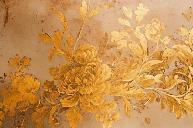 A wallpaper with gold flowers and leaves on it