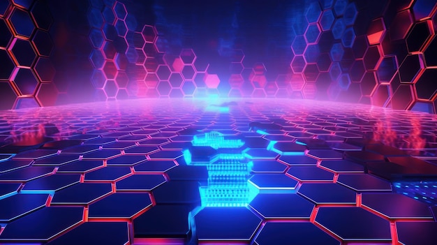 A wallpaper with a hexagon and a blue and pink background