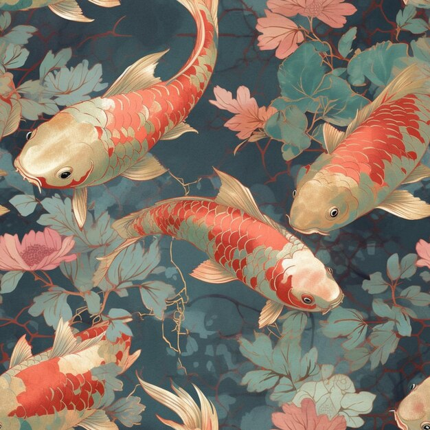 A wallpaper with a koi fish and leaves on it