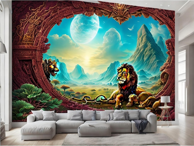 A wallpaper with a lion and a moon on it