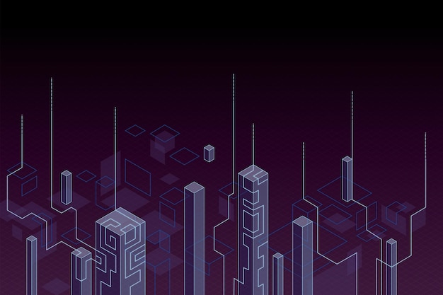 Wallpaper with megapolis skyscrapers layout by digital geometric forms on dark background