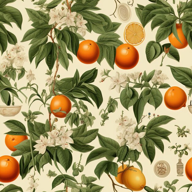 Photo a wallpaper with oranges and flowers and a lemon
