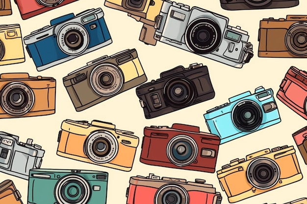 Wallpaper with pattern of colorful retro cameras