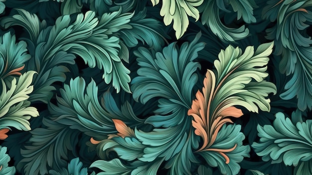 Photo a wallpaper with a pattern of green leaves and flowers