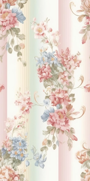 A wallpaper with a pink and blue flower pattern.