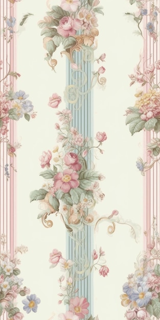 A wallpaper with pink and blue flowers and a blue stripe.