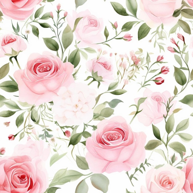 A wallpaper with pink roses and green leaves.