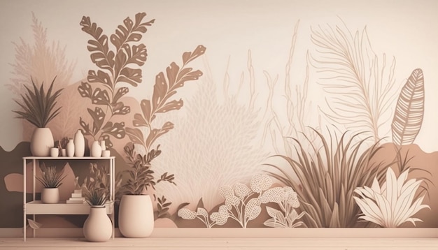 A wallpaper with a plant pattern and a vase with a plant on it.