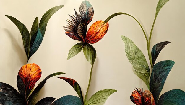 Wallpaper with Plants leaves and Flowers with bold elements Generative Ai
