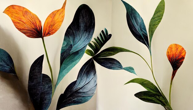 Wallpaper with Plants leaves and Flowers with bold elements Generative Ai