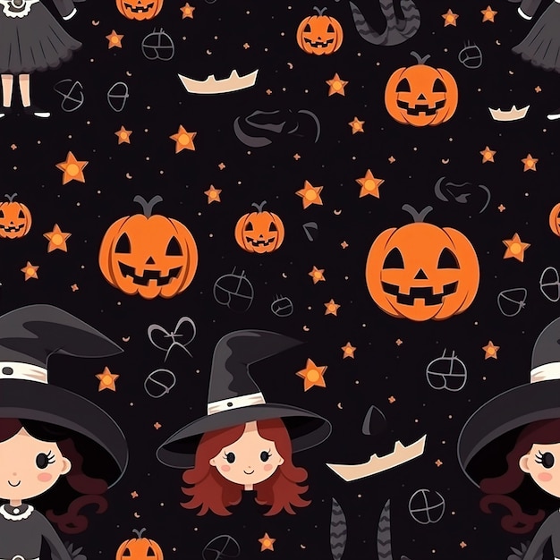 a wallpaper with a pumpkin and a girl in a witch hat.